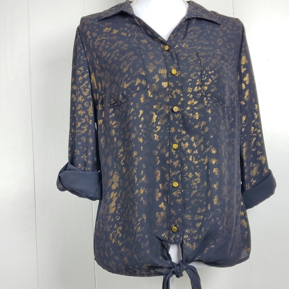 NY Collection tie front gold shimmer button front petite medium - Picture 4 of 10